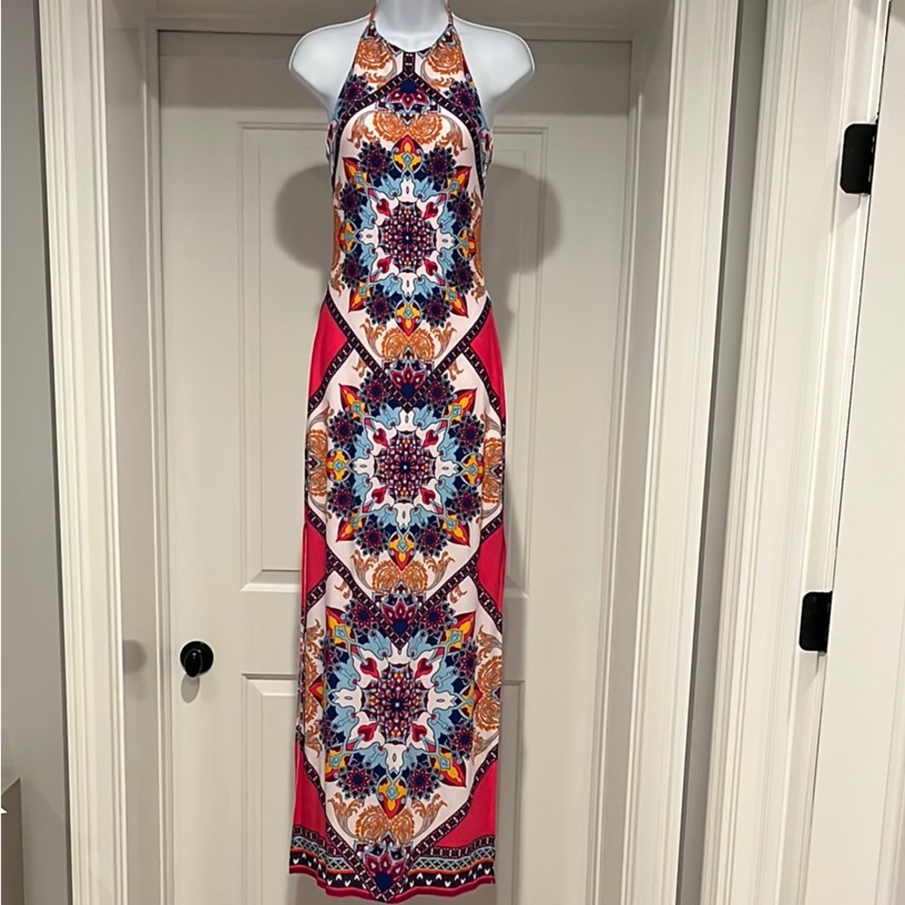 Reign Drop Size Small Tassel Halter Tie Multicolor Halter Maxi Dress